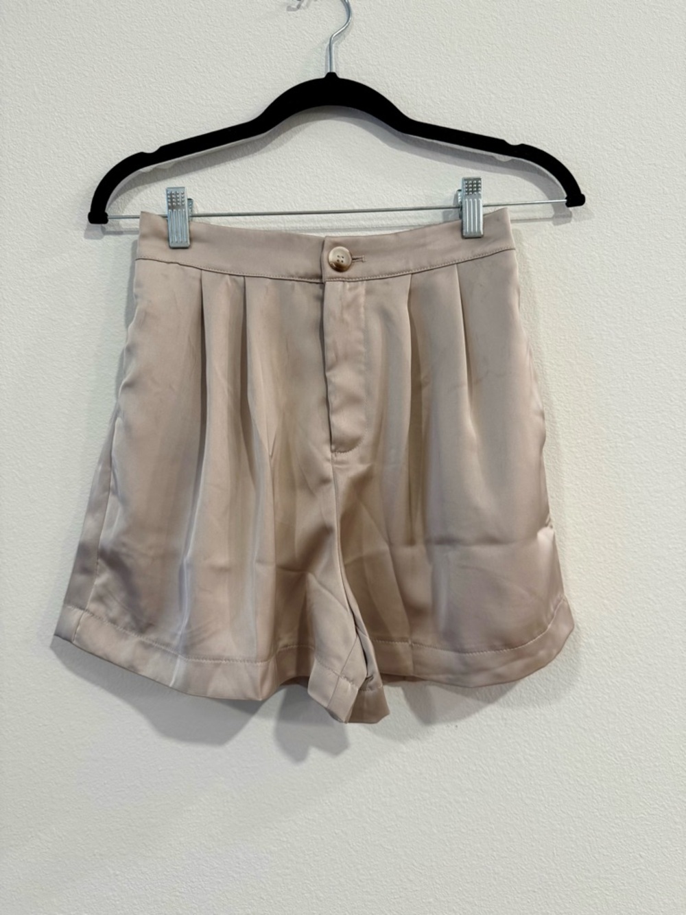 Satin Pleated High-Rise Women’s Shorts — Beige